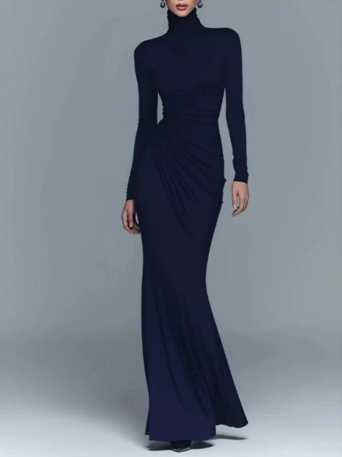 Turtleneck Long-sleeve Ruched Maxi Dress (2)