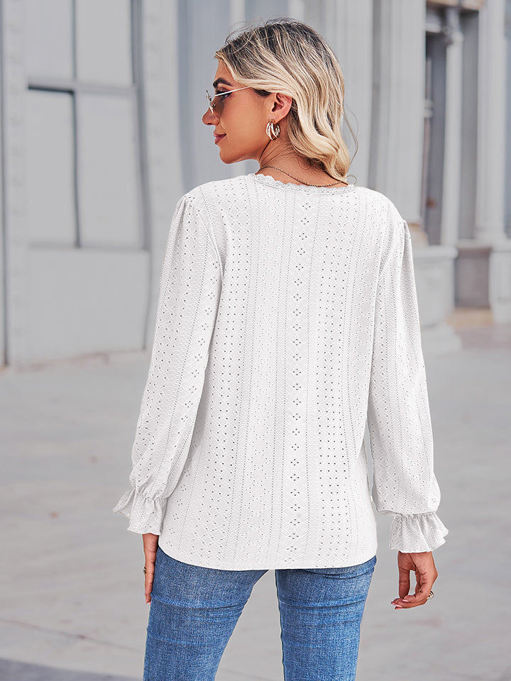 Eyelet V-neck Flounce Sleeve Blouse (6)