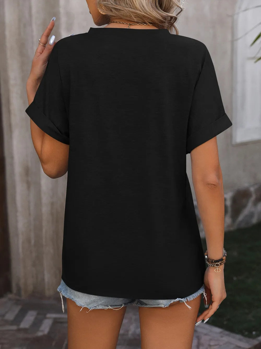 Notched Buttoned Short Sleeve T-shirt (8)