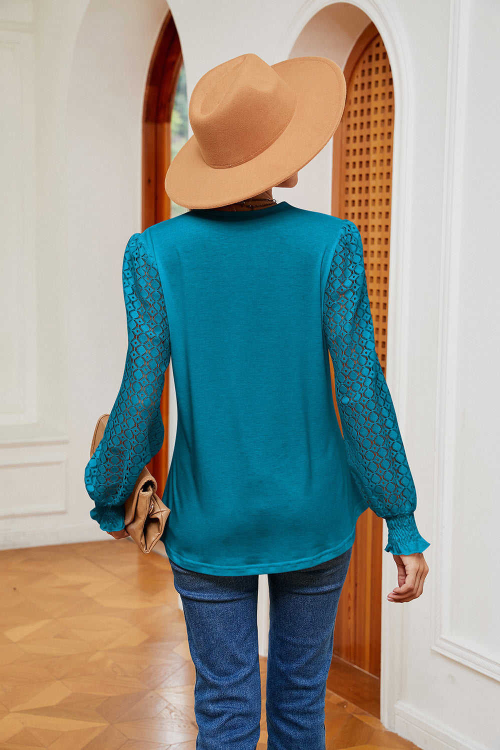 Contrast V-neck Long Sleeve Blouse (16)