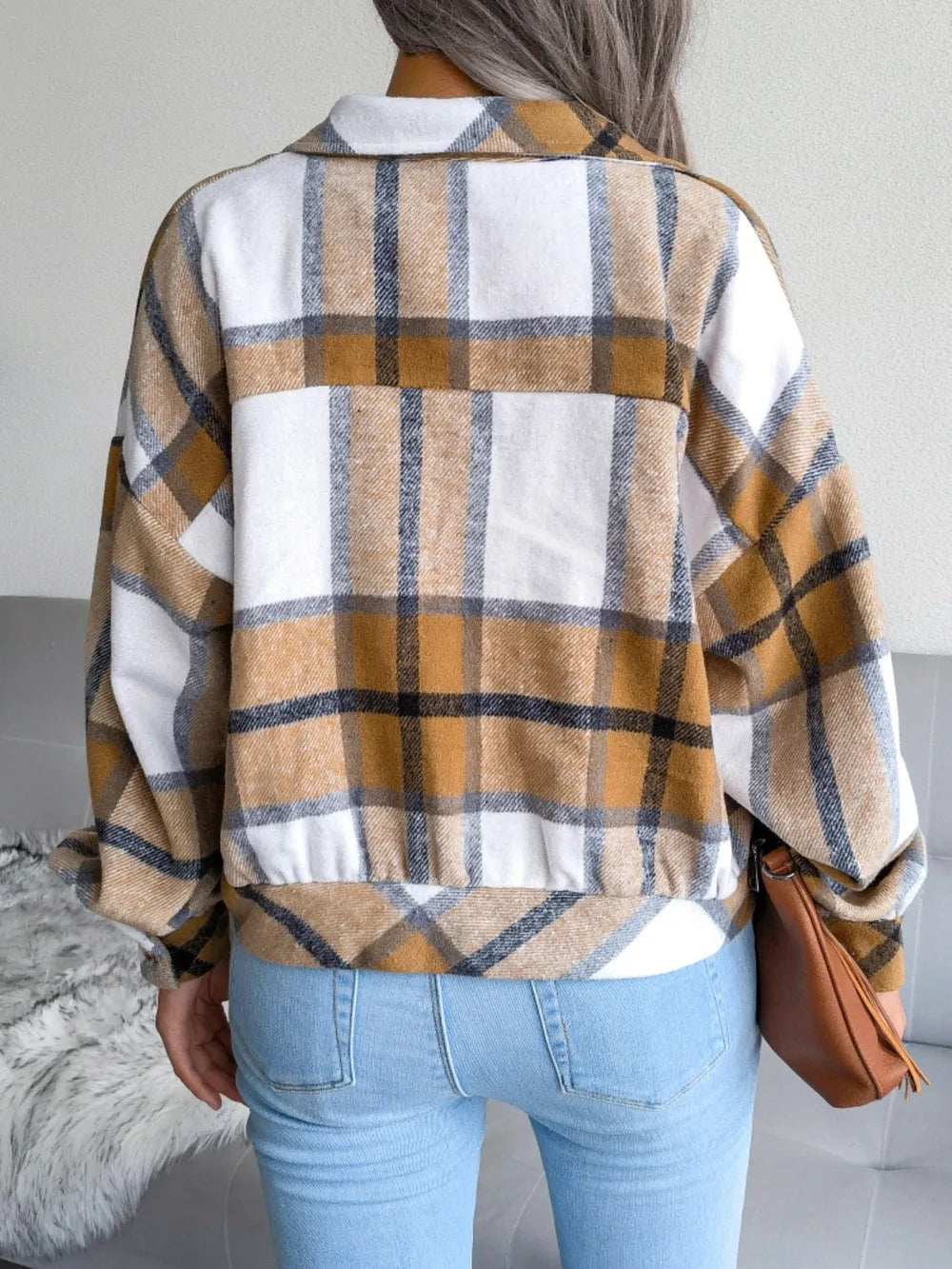 Plaid Collared Neck Long Sleeve Jacket (7)