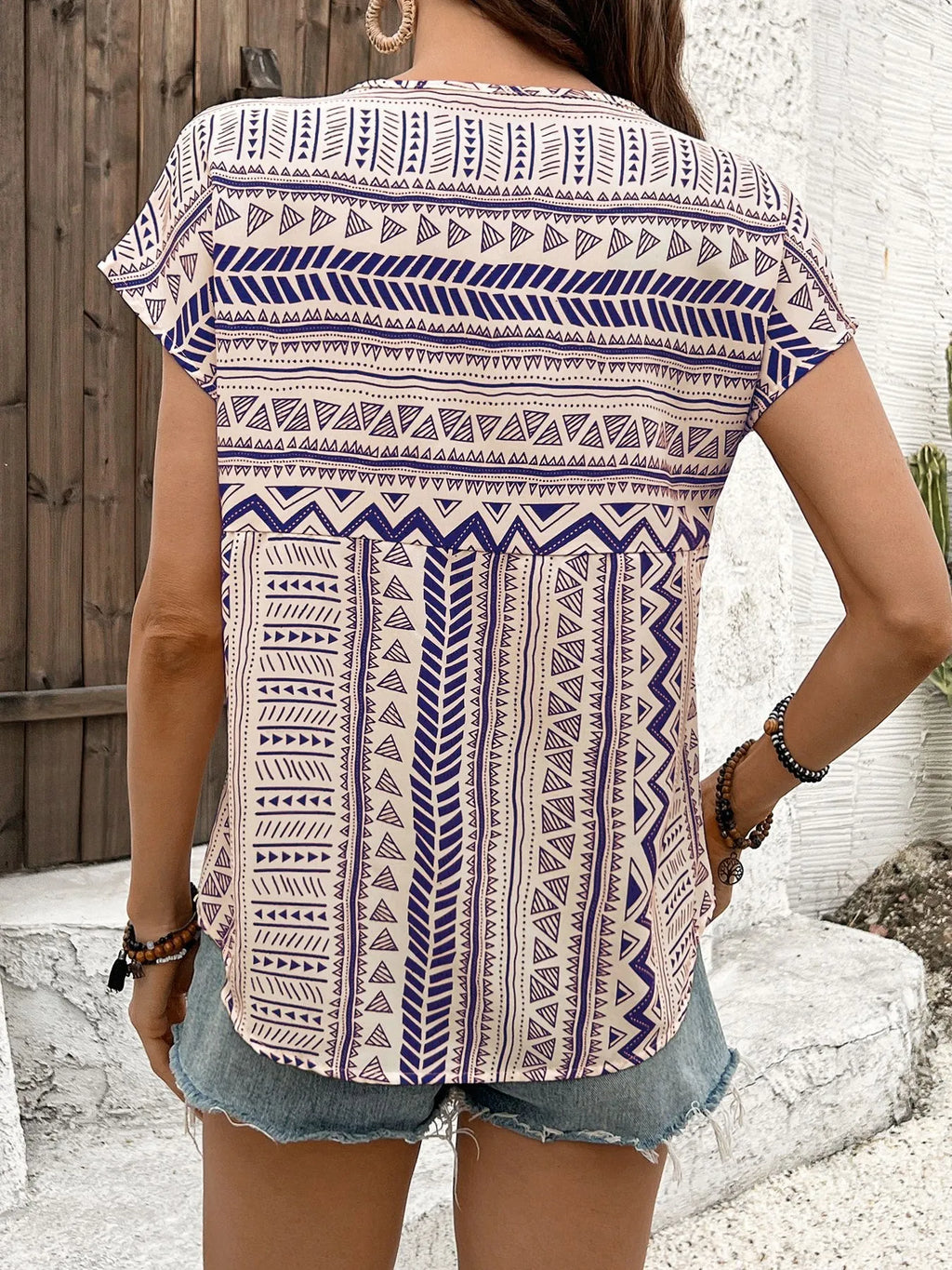 Geometric Print Short Sleeve Blouse (27)