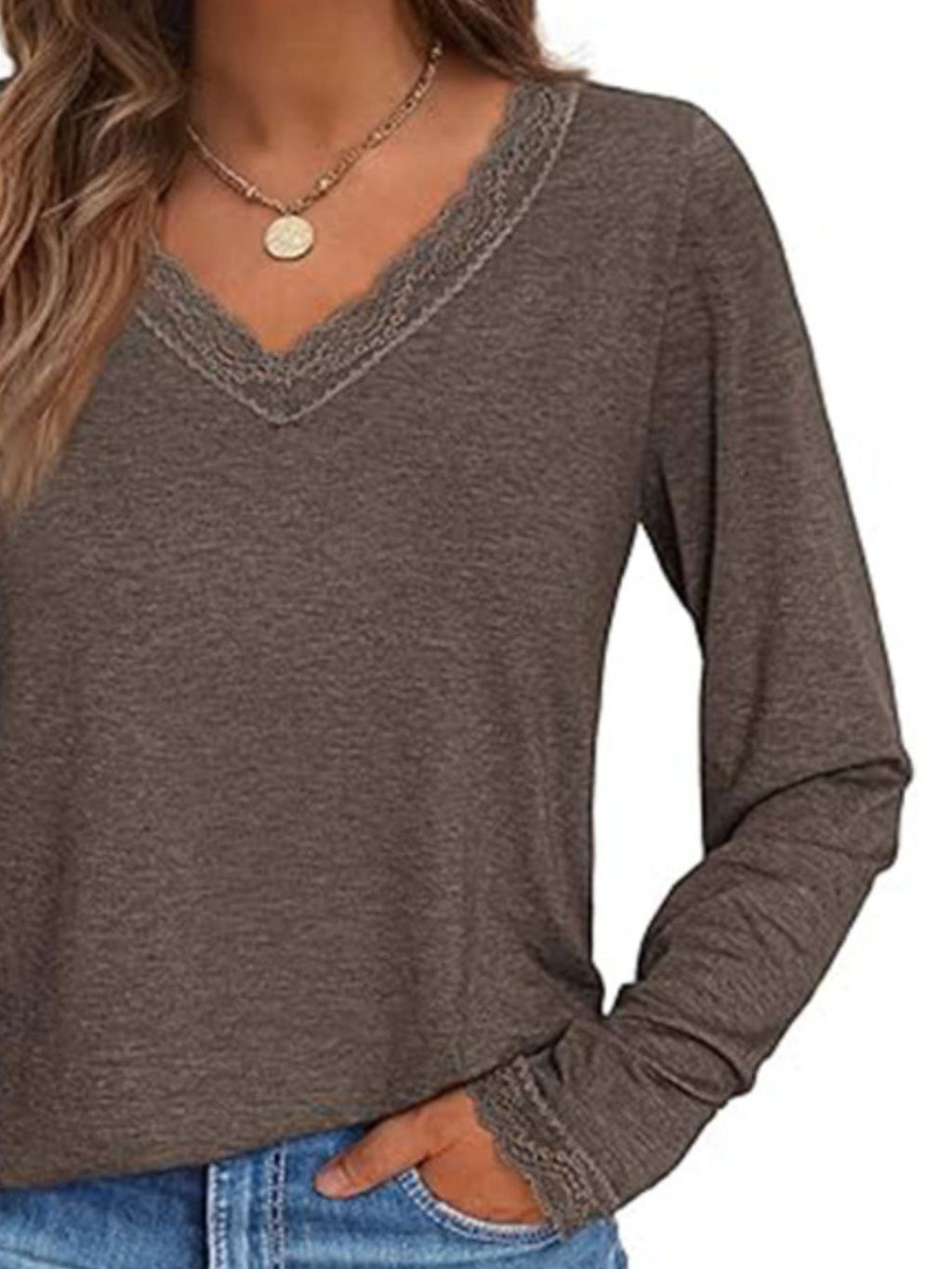 Lace Trim V-neck Long Sleeve T-shirt (15)