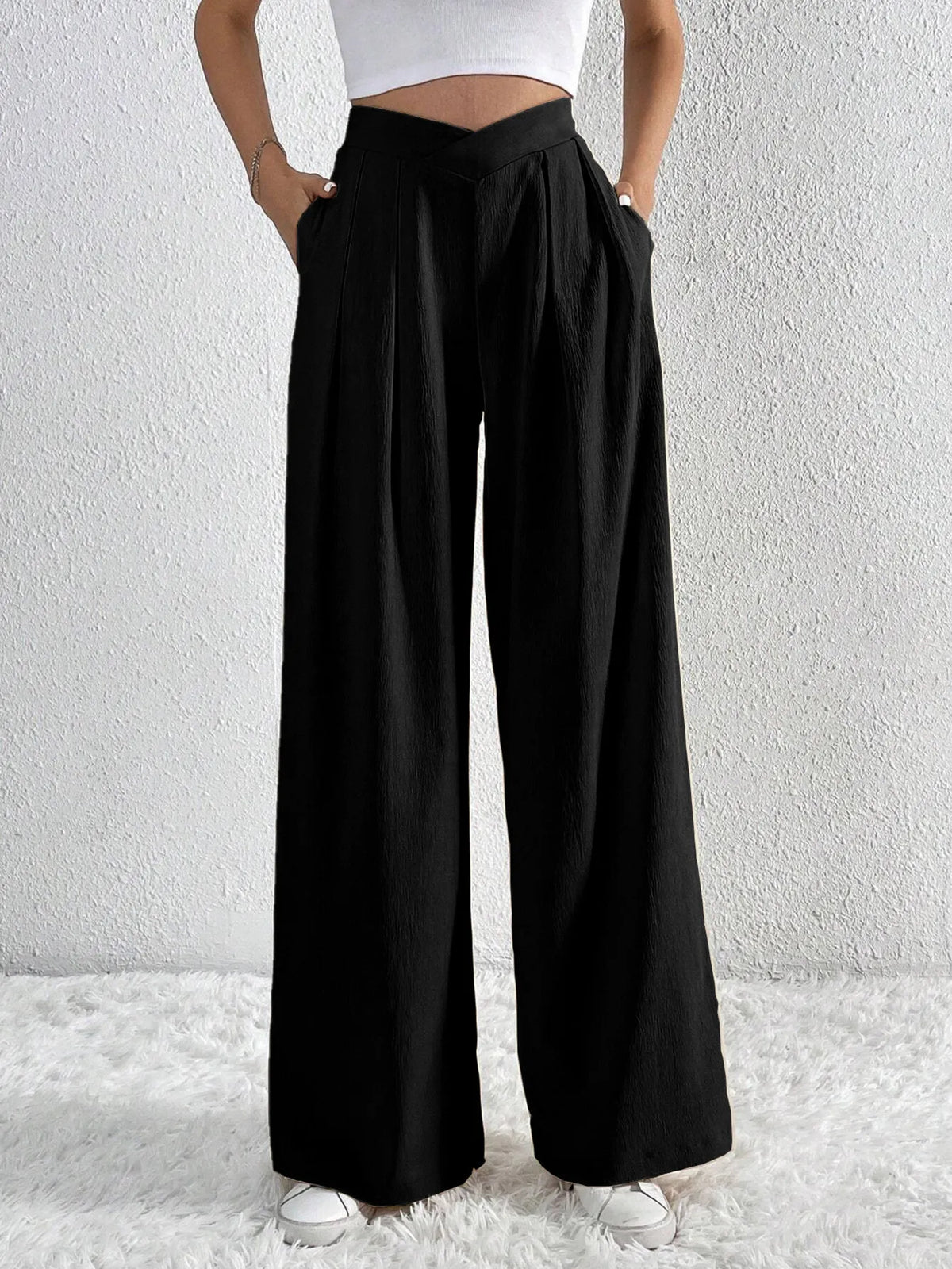 V-waisted Ruched Front Wide Leg Pants (11)
