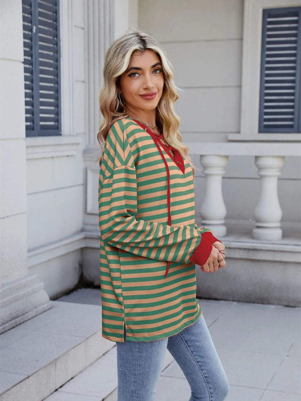 Lace-up Striped Long Sleeve T-shirt (6)