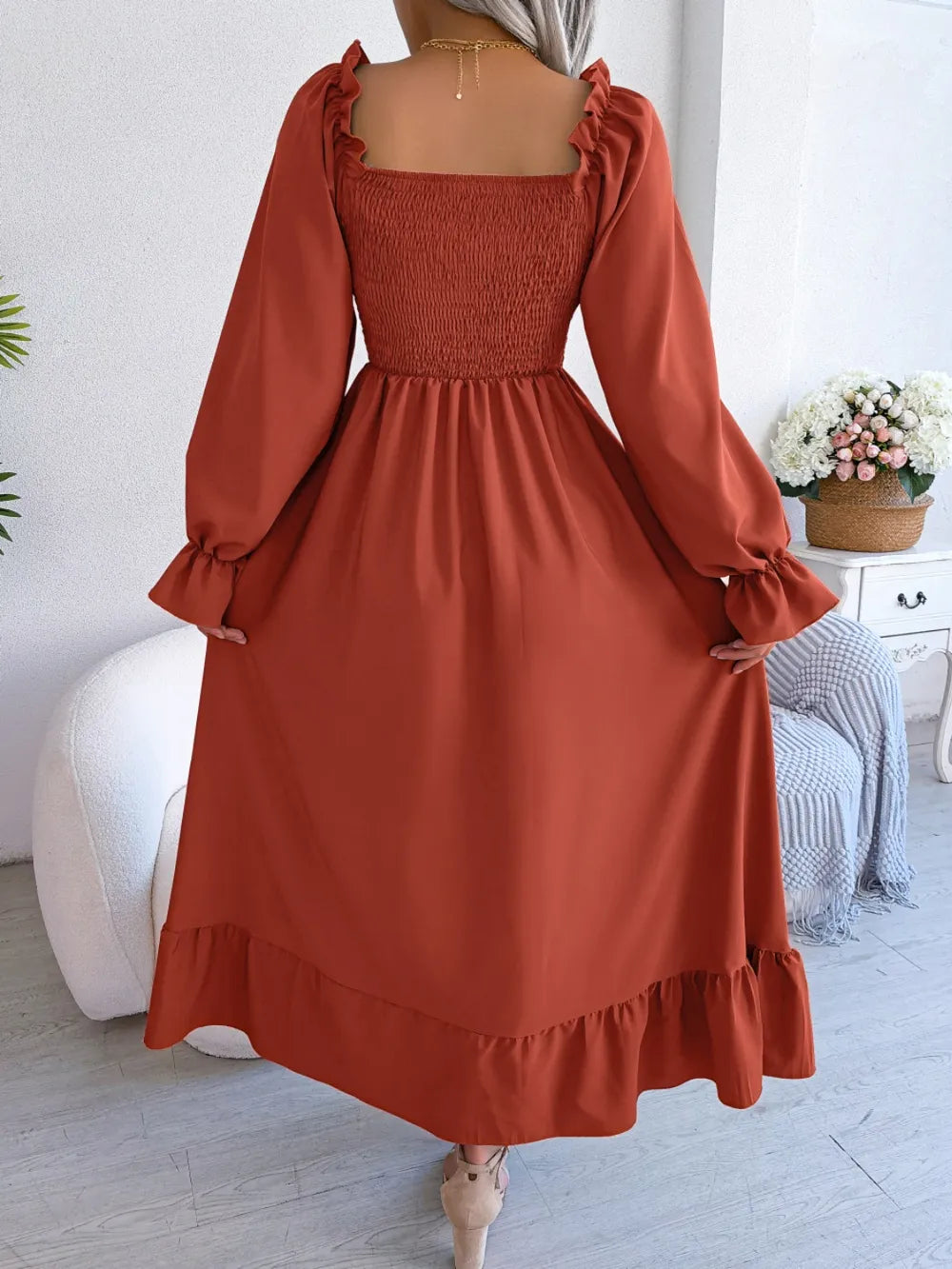 Smocked Square Neck Flounce Sleeve Dress (2)
