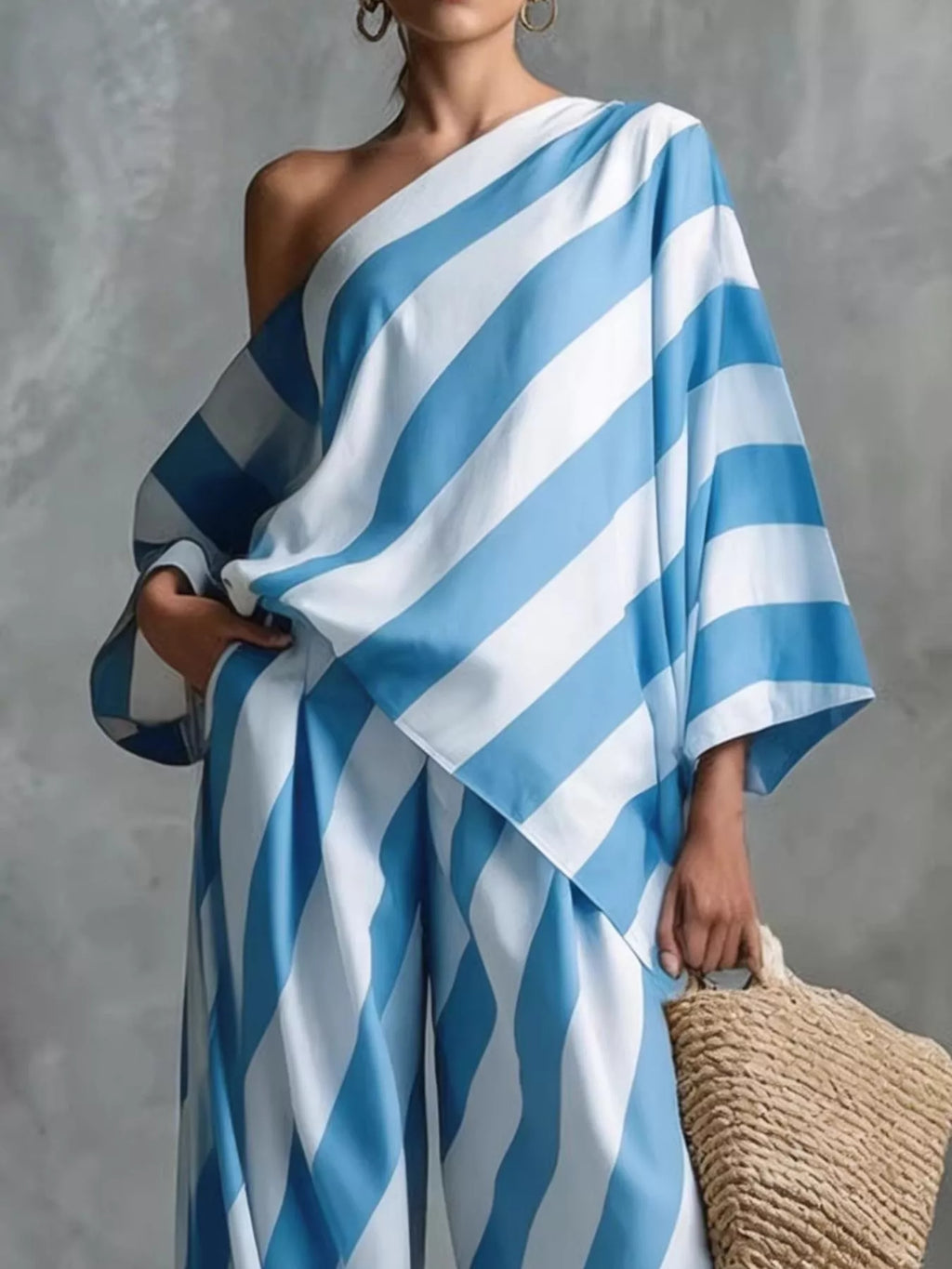 Full Size One-shoulder Striped Top Wide-leg Pants Set Plus (6)
