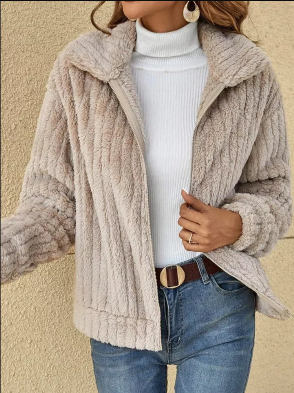 Full Size Faux Fur Zip-up Outerwear Plus (2)