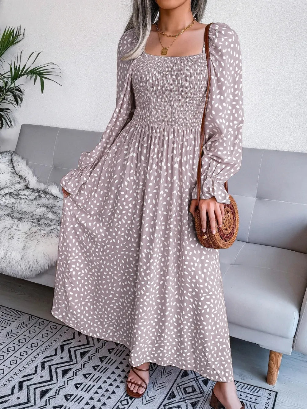 Smocked Square Neck Flounce Sleeve Dress (16)