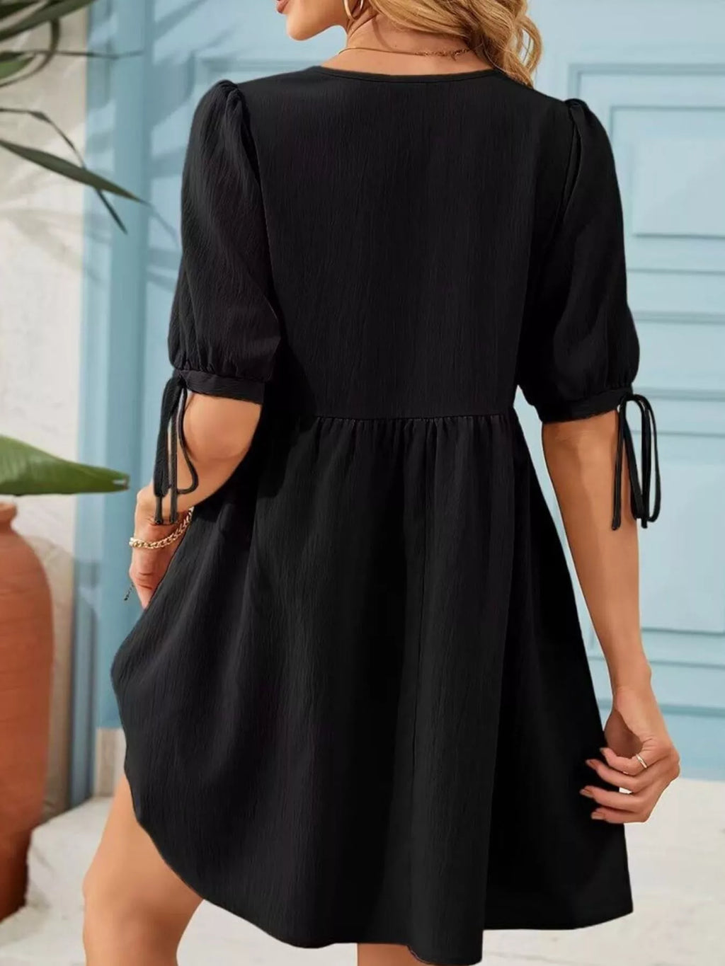 Tie-neck Puff Sleeve A-line Mini Dress (7)