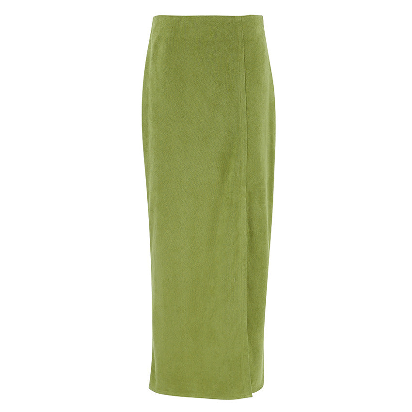 Avocado Green Suede Skirt High Waist Slimming photo 2