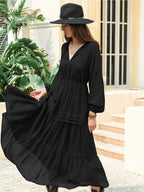 Tie Neck Long Sleeve Midi Tiered Dress (5)