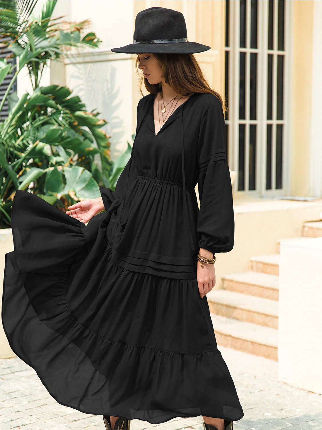 Tie Neck Long Sleeve Midi Tiered Dress (5)