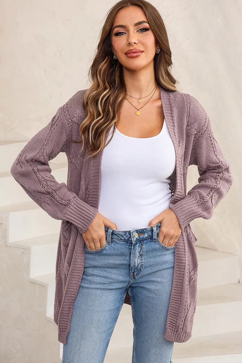 Cable-knit Dropped Shoulder Slit Cardigan (15)