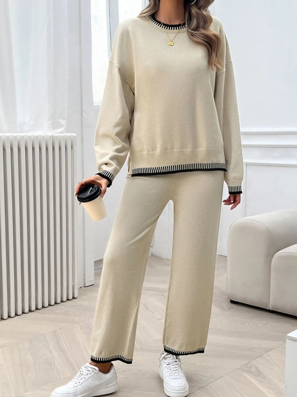 Round Neck Dropped Shoulder Top Pants Sweater Set (9)
