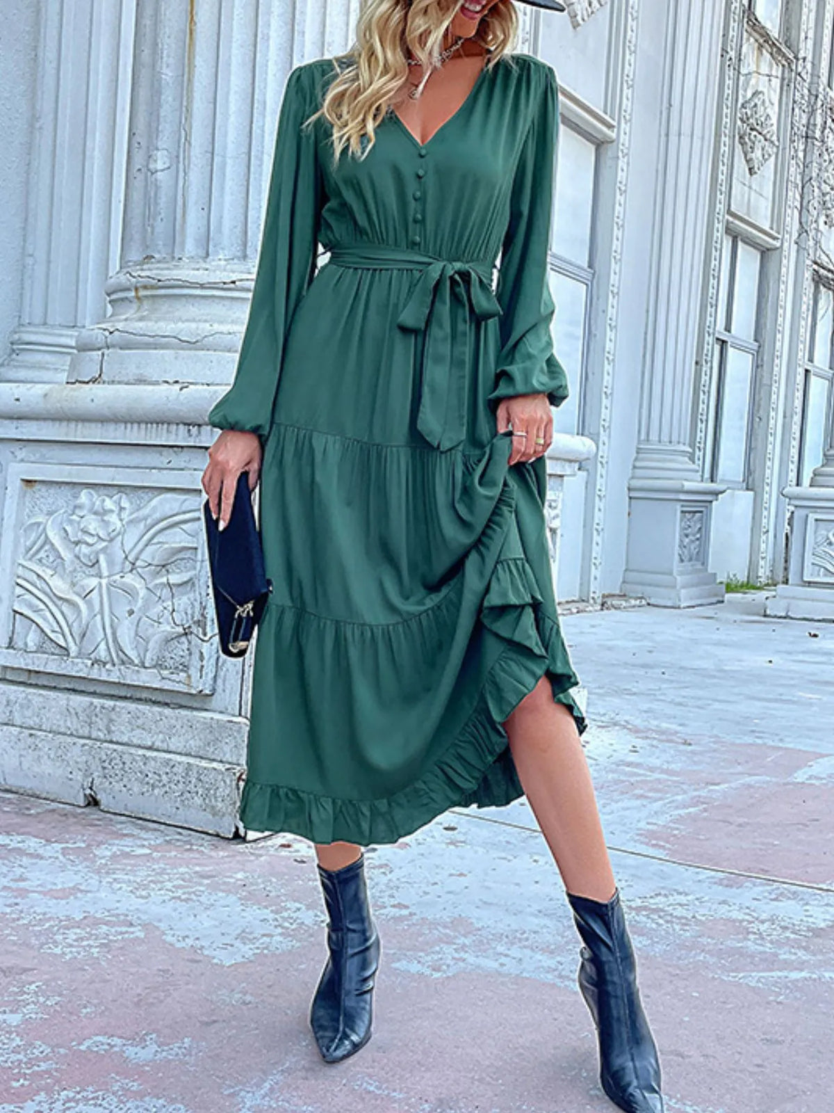 Ruffled Hem V-neck Balloon Sleeve Dress (6)