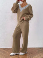 V-neck Sweater Pants Set (3)