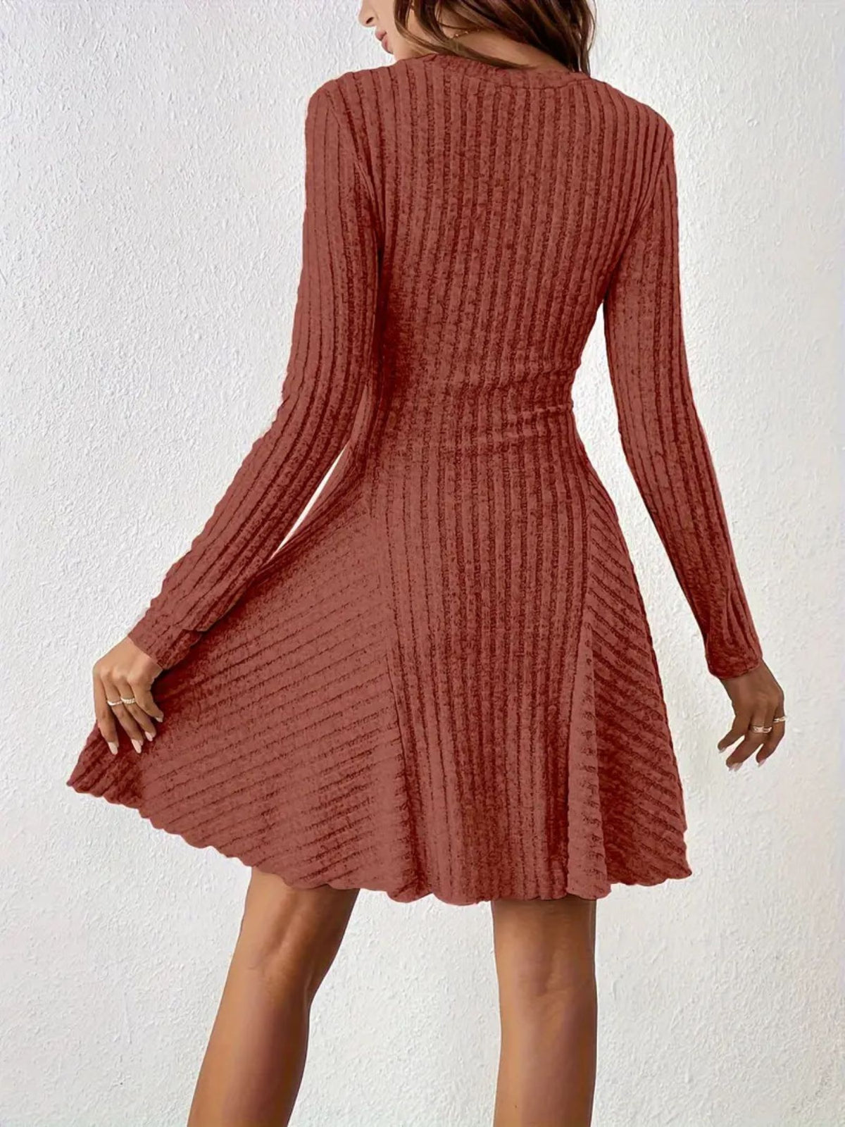 Ribbed Knit Long Sleeve A-line Dress (22)