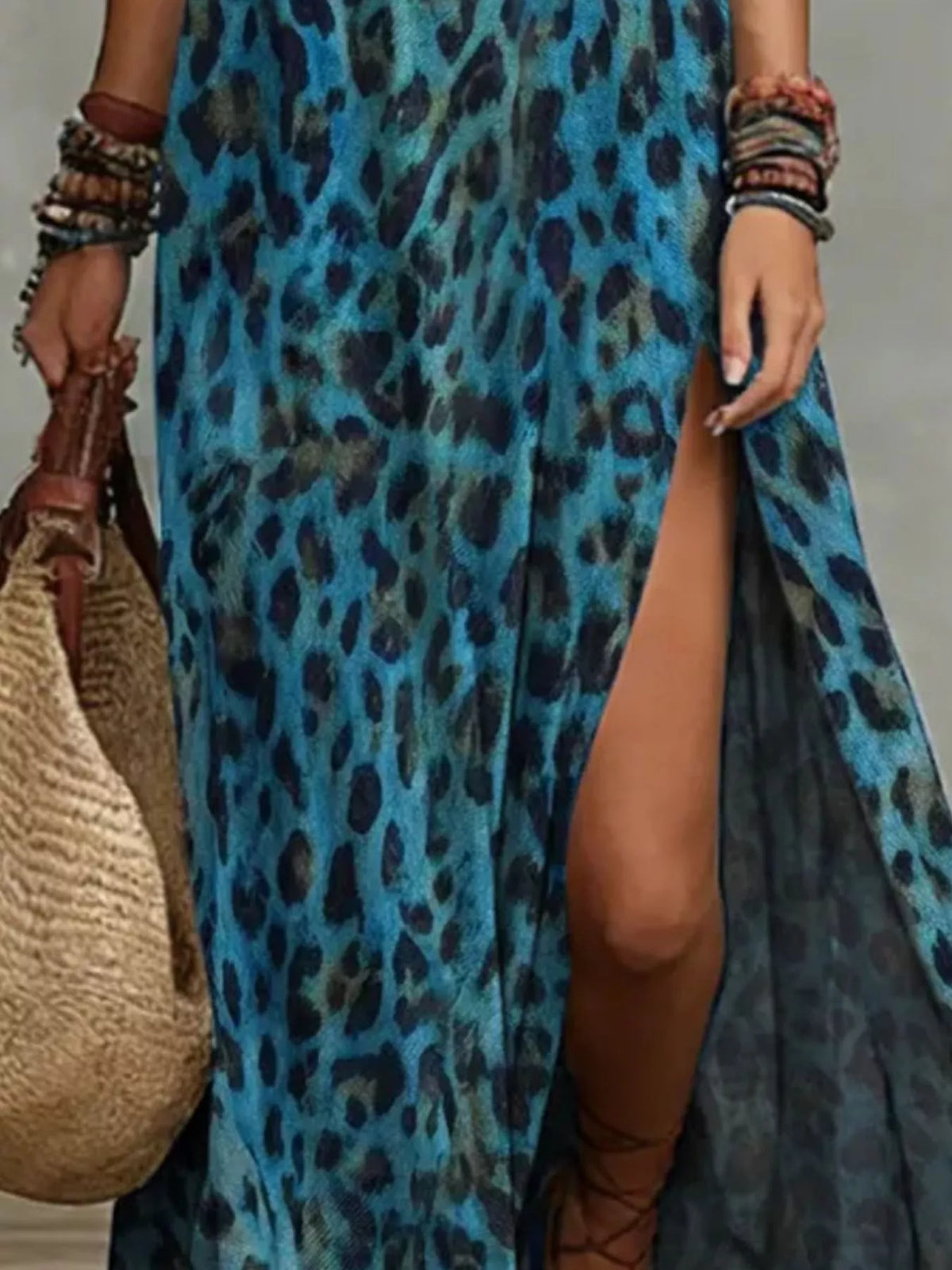Leopard Print Sleeveless Maxi Dress Side Slit (2)