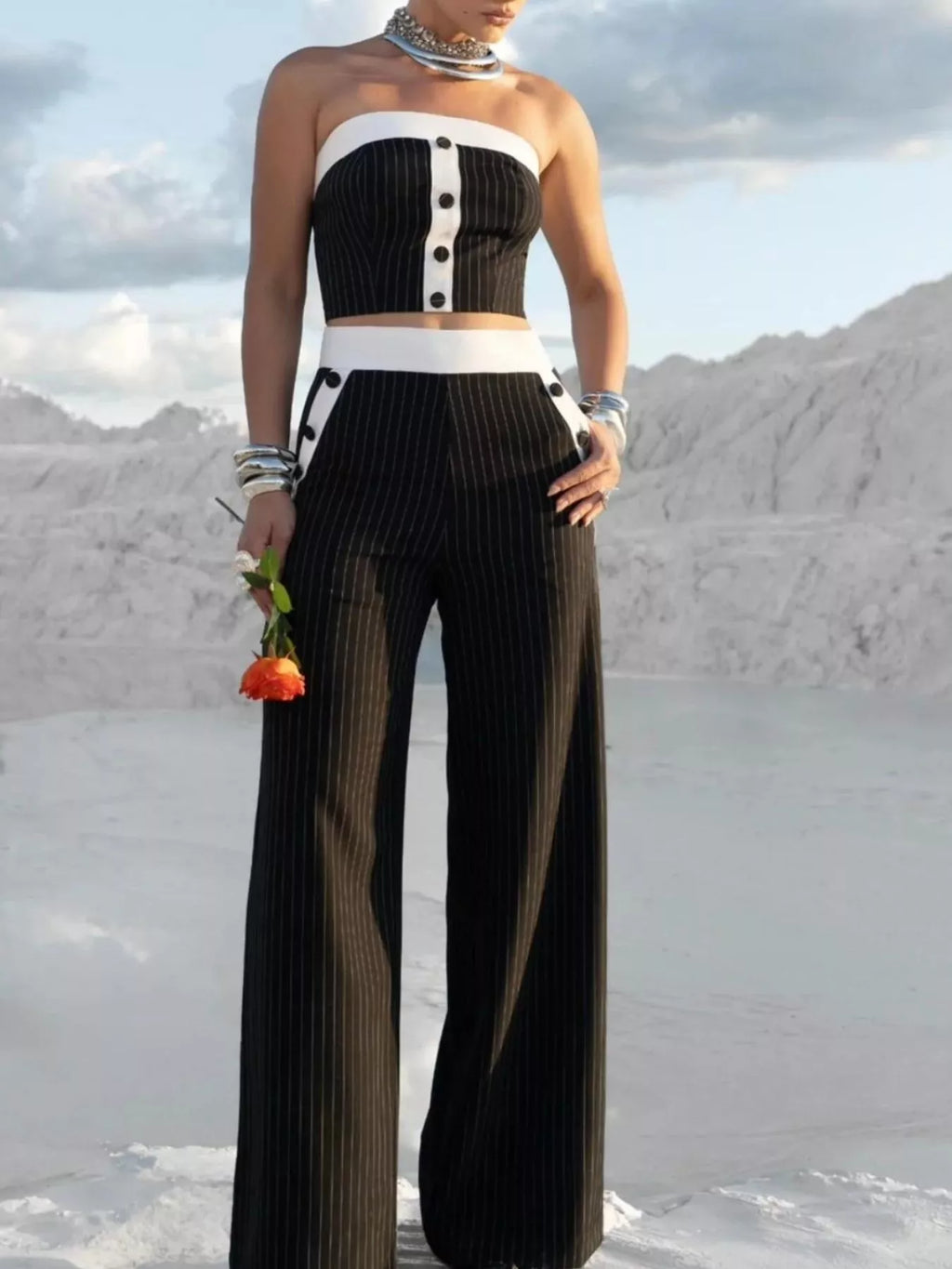 Striped Strapless Crop Top Wide-leg Pants Set (2)