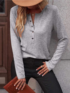 Round Neck Buttoned Long Sleeve T-shirt
