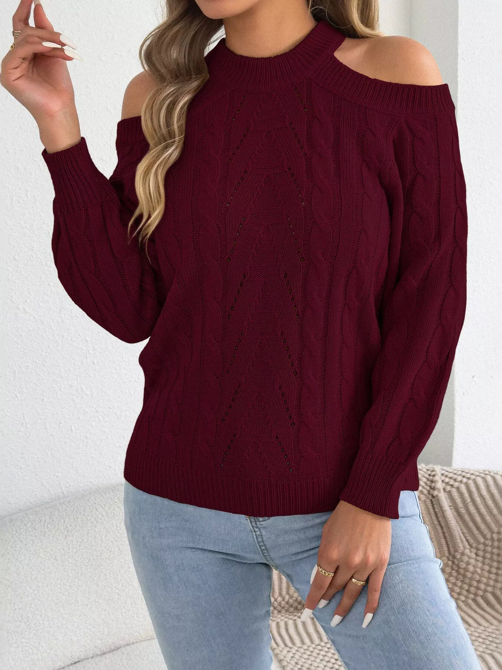 Cold Shoulder Cable Knit Sweater (19)