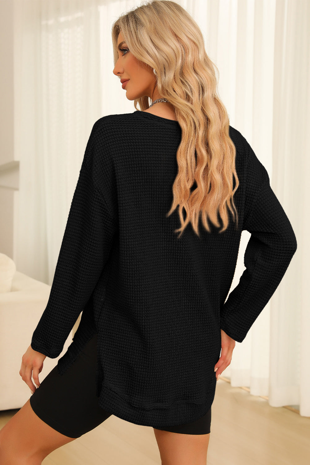 Waffle-knit Round Neck Long Sleeve Sweatshirt (15)