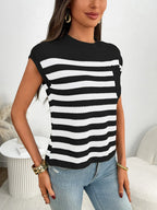 Striped Mock Neck Cap Sleeve Knit Top (12)