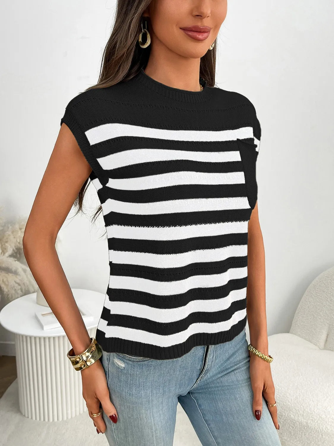 Striped Mock Neck Cap Sleeve Knit Top (12)