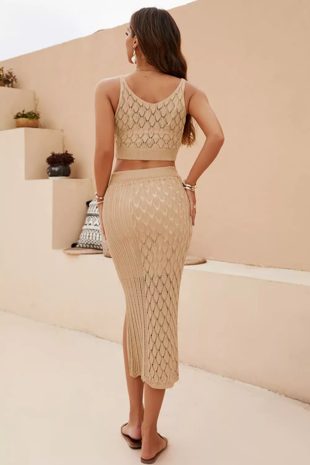 Openwork Cropped Tank Split Skirt Set (2)