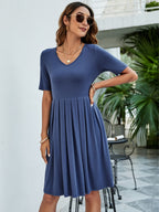 Pleated V-neck Short Sleeve Tee Dress (16)