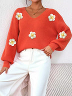 Floral Applique V-neck Sweater