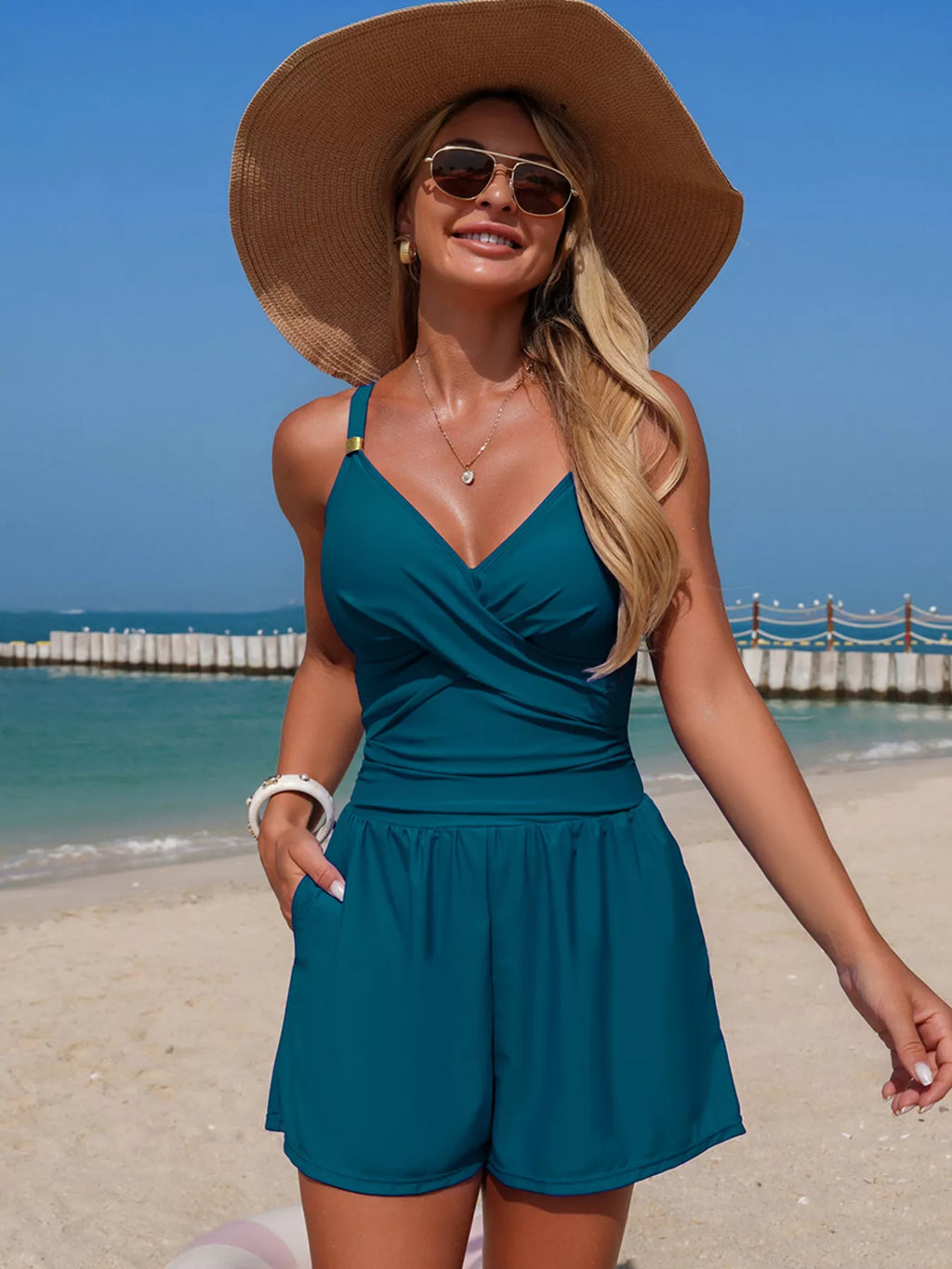 V-neck Spaghetti Strap One-piece Swimsuit (19)