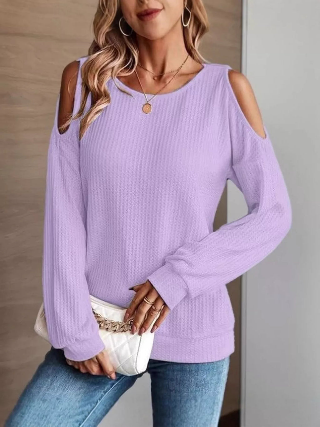Solid Color Cold Shoulder Long Sleeve T-shirt (5)