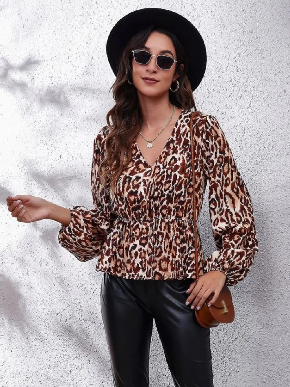 Ruched Printed V-neck Long Sleeve Blouse (25)