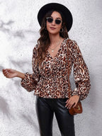 Ruched Printed V-neck Long Sleeve Blouse (25)