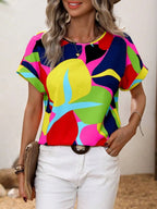 Contrast Round Neck Short Sleeve Blouse (18)