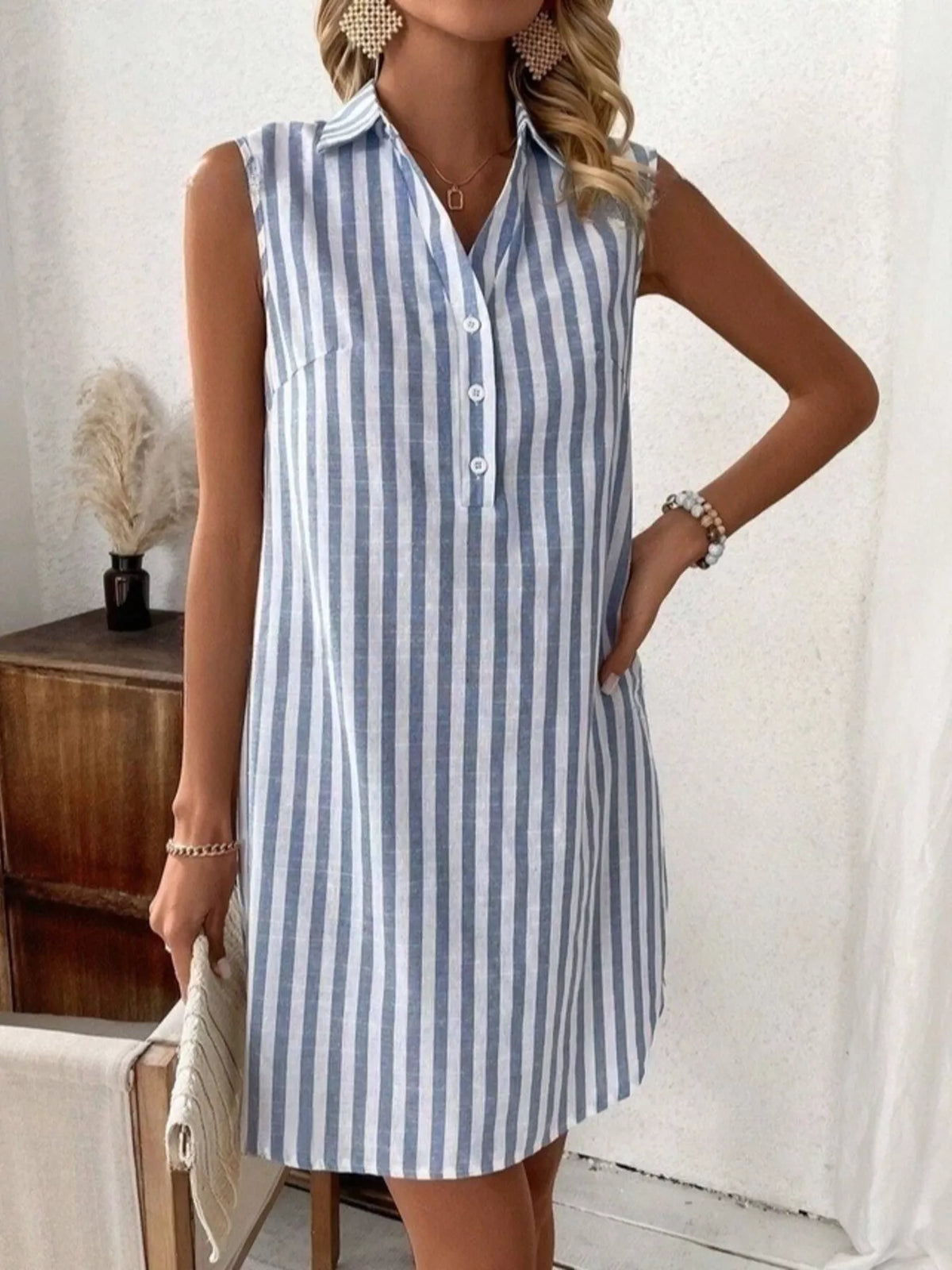 Sleeveless Striped Button Detail Shirt Dress (3)
