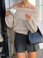 Off-shoulder Ribbed Long Sleeve Sweater (9)