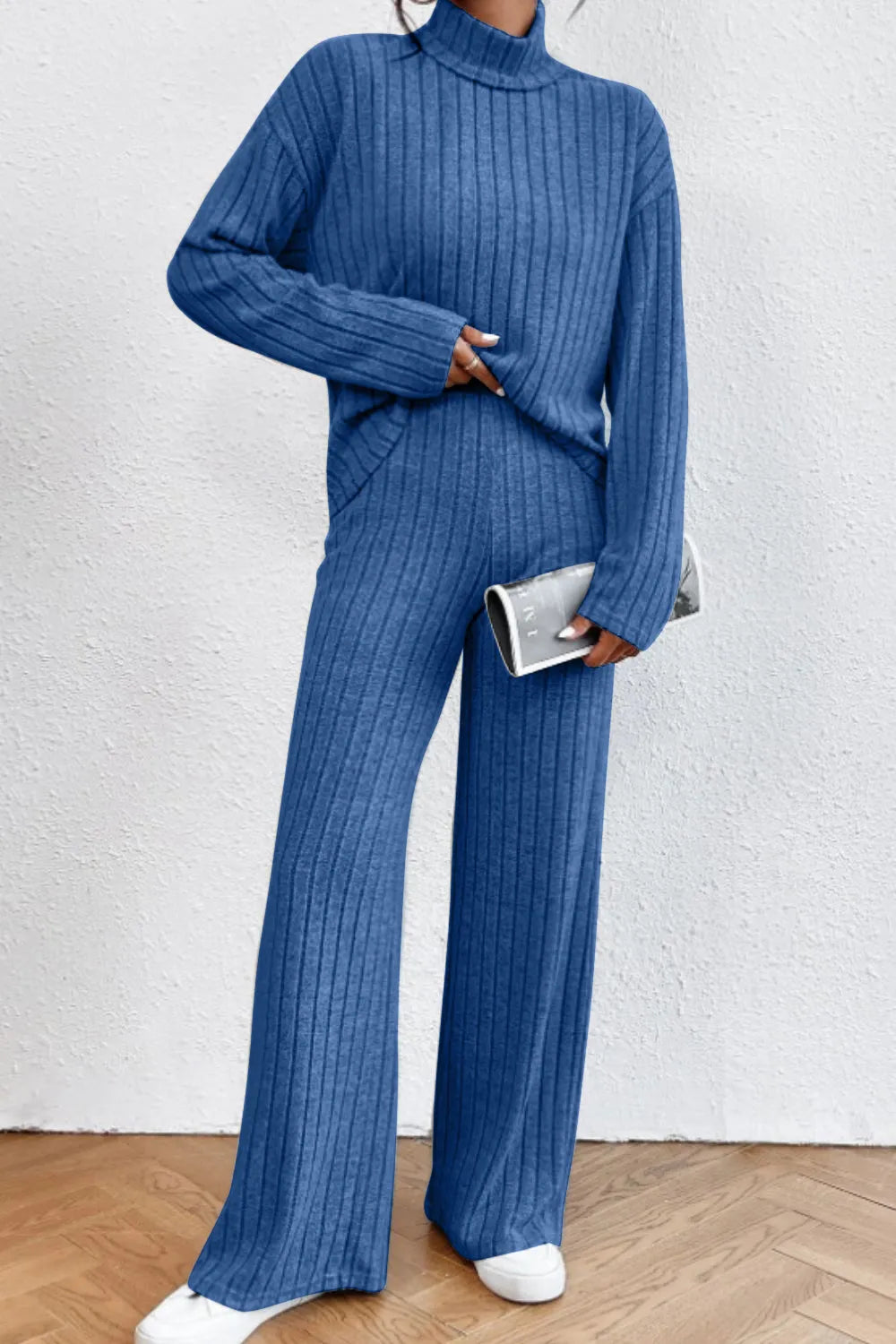 Mock Neck Dropped Shoulder Top Pants Set (24)