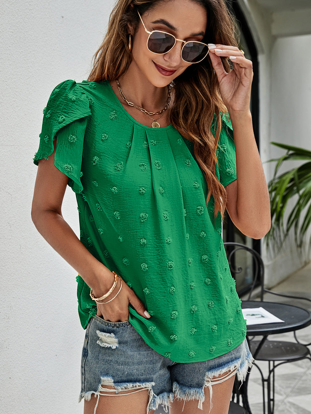 Swiss Dot Round Neck Petal Sleeve Top (26)