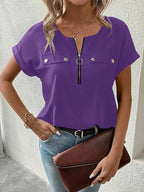 Casual Zipper Front Short Sleeve Blouse (14)