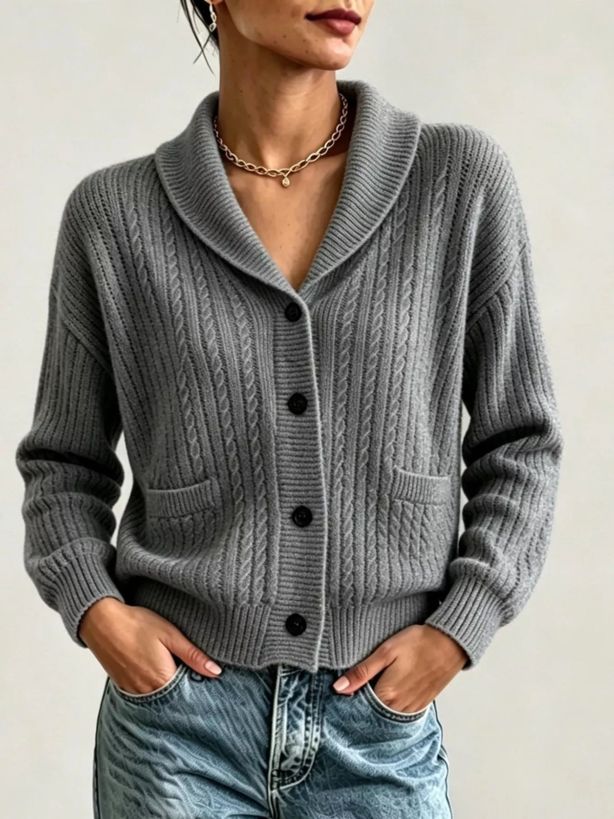 Full Size Shawl Collar Cable Knit Cardigan Plus (5)