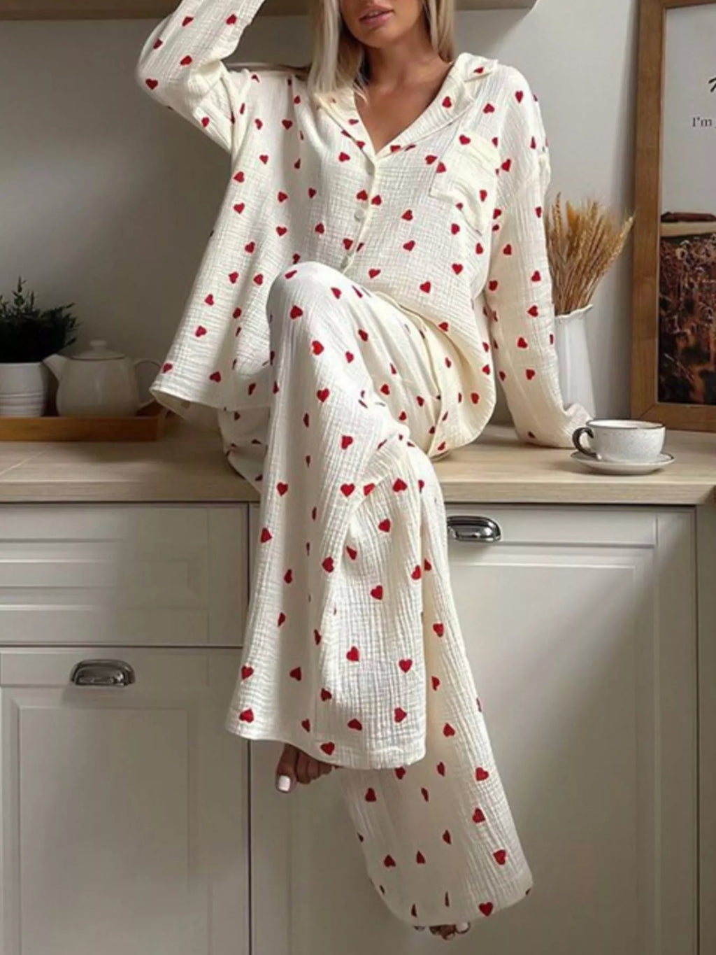 Heart Print Long Sleeve Top Pants Lounge Set (3)