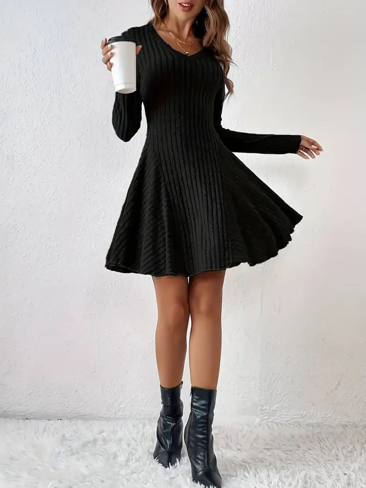 Ribbed Knit Long Sleeve A-line Dress (3)