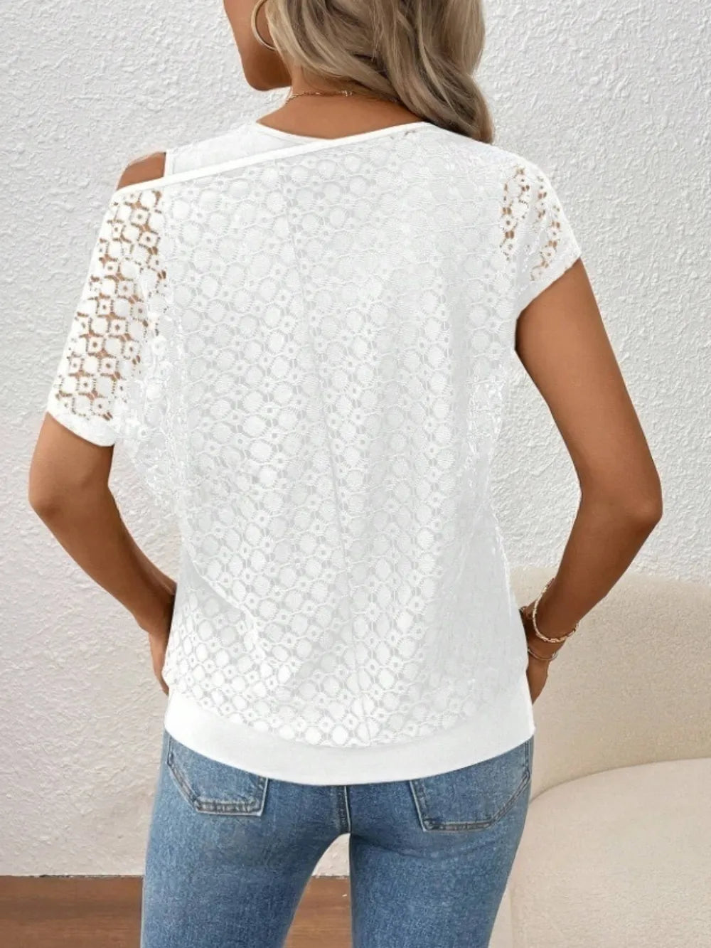 Lace Short Sleeve Fake Two Piece T-shirt (8)
