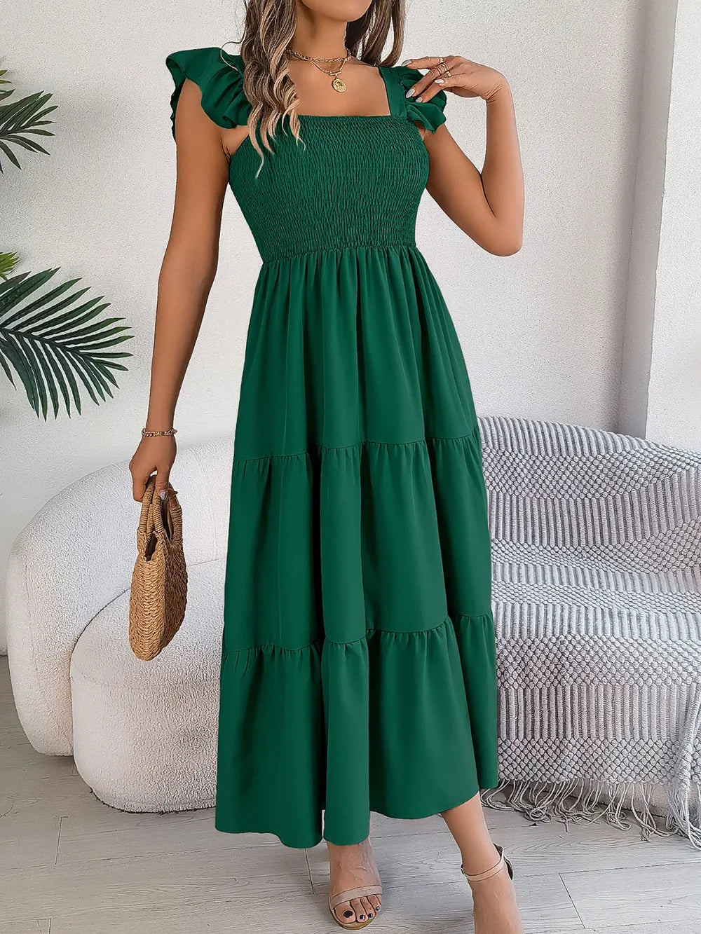 Smocked Square Neck Cap Sleeve Midi Dress (10)