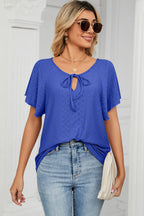 Eyelet Tie Neck Flutter Sleeve Blouse (3)