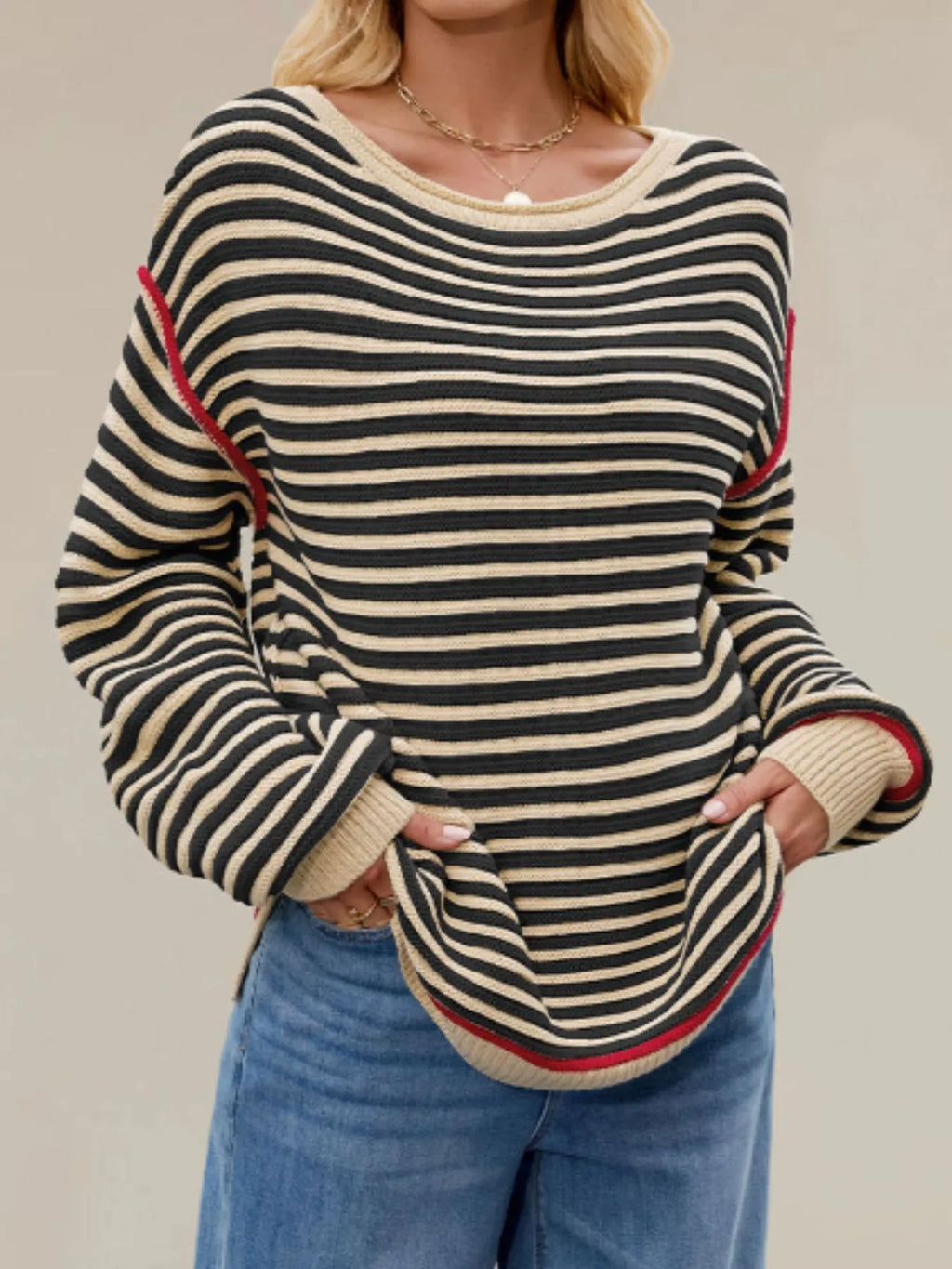 Slit Striped Oversized Sweater (7)