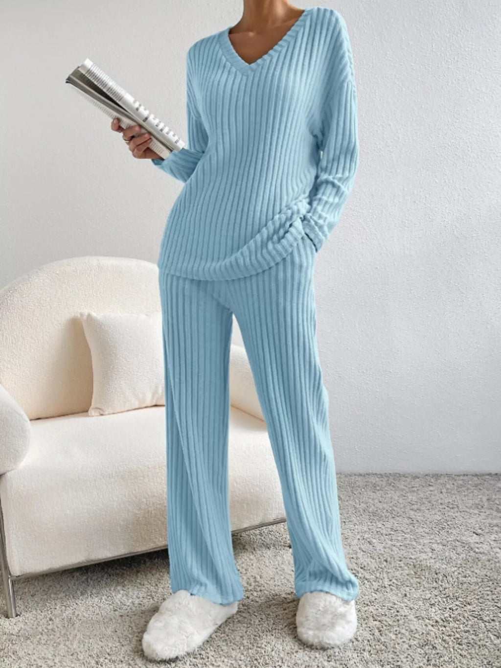 Ribbed Knit Long Sleeve Top Pants Set (11)